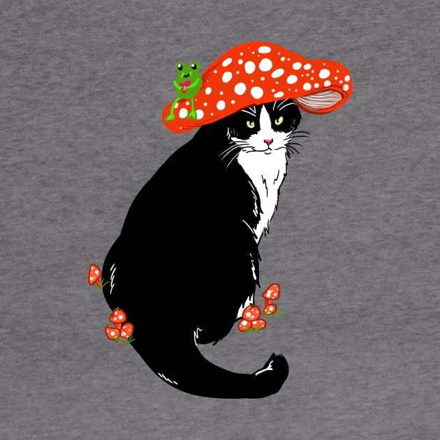 Whimsical Tuxedo Cat Wearing a Mushroom Hat by ckrickett